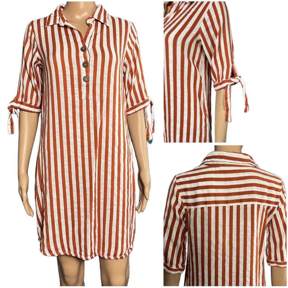 J Gee Burnt Orange & Cream Stripe Shirt Dress Rayon Small